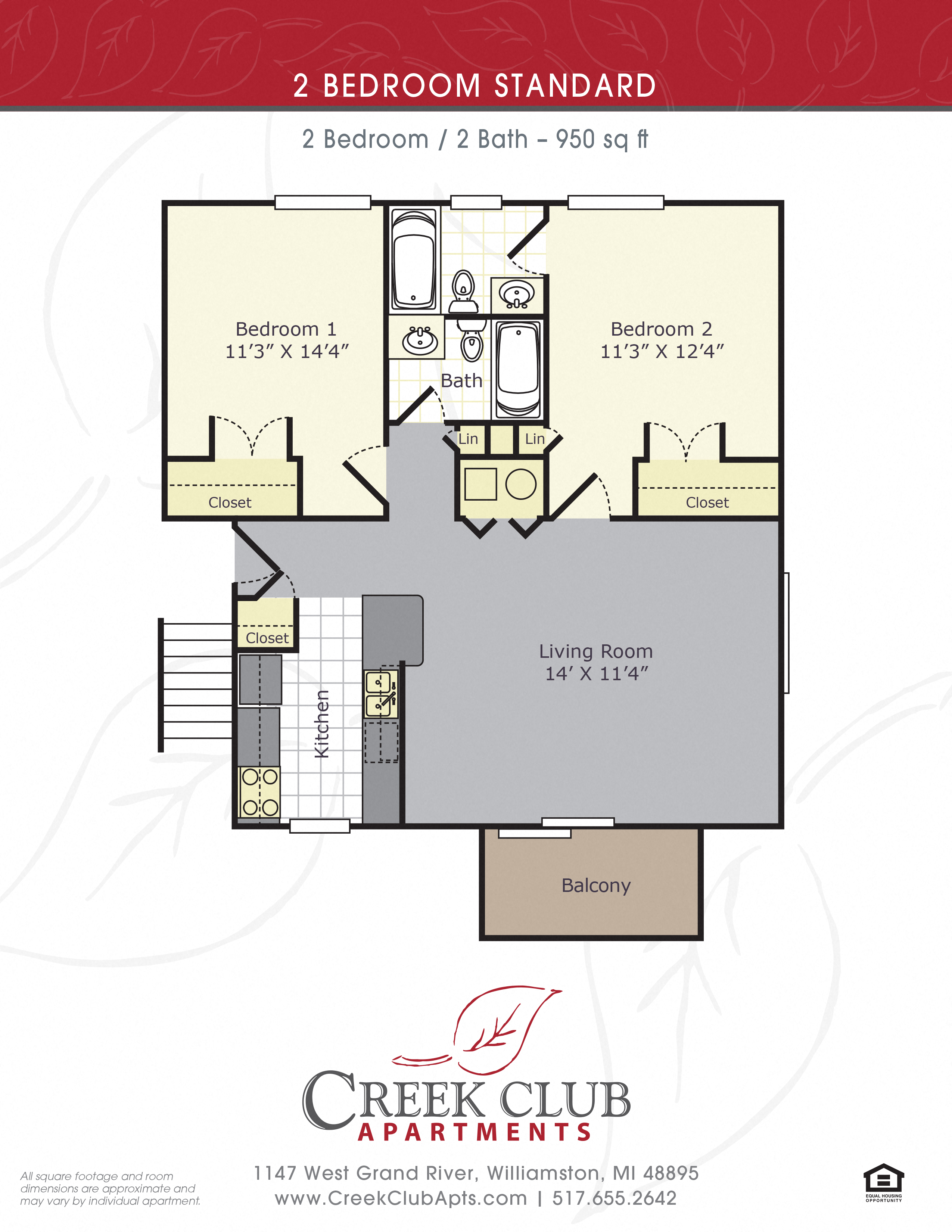 Floor plan for 2 beds, 2 baths, 950 sqft